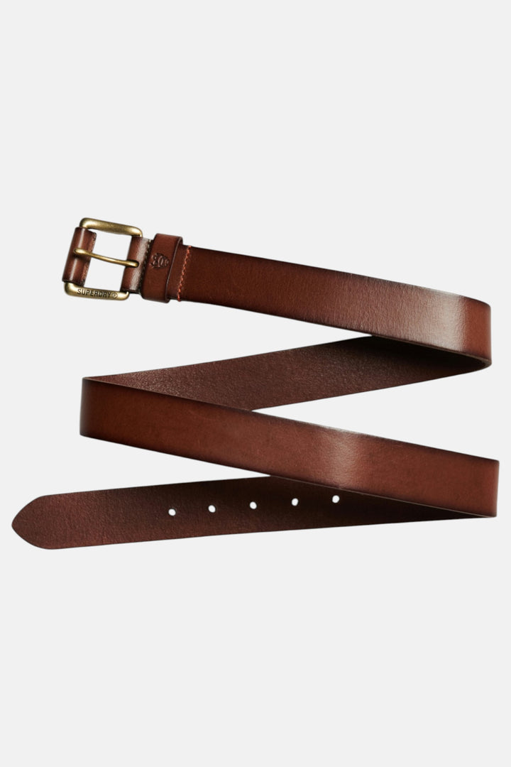 Tan leather belt strap with brass buckle and row of punched holes
