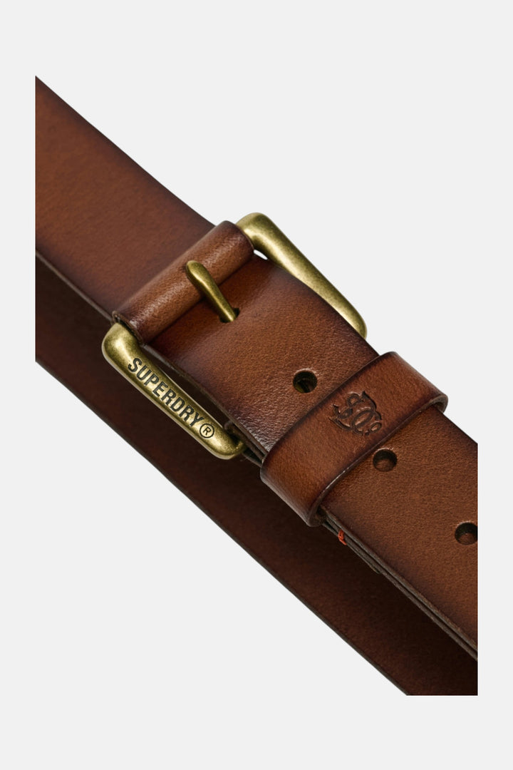 Tan leather belt with brass buckle and embossed Superdry logo on keeper
