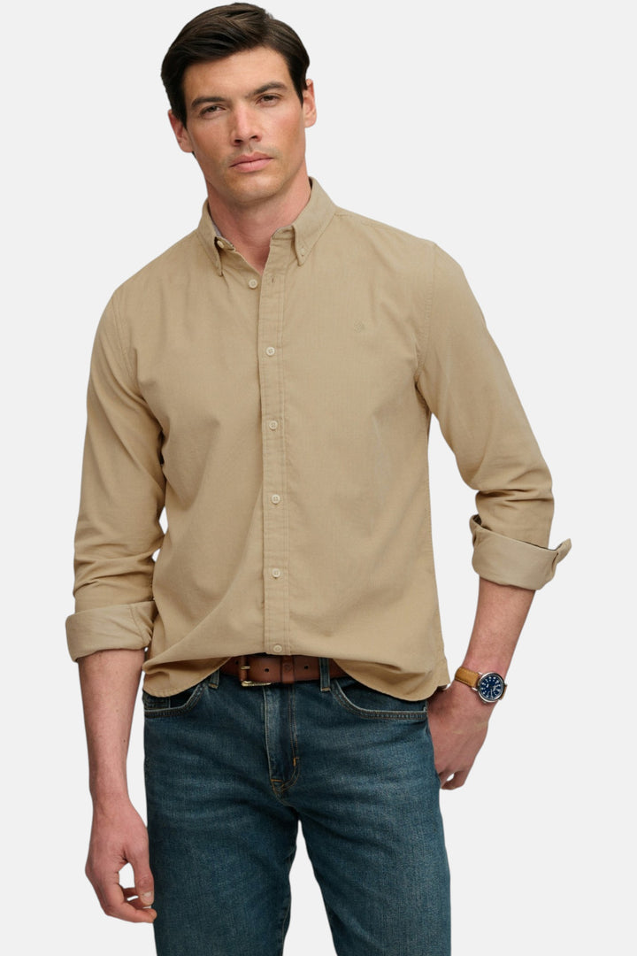 Superdry needle cord button-up shirt, stone wash taupe brown, collared front