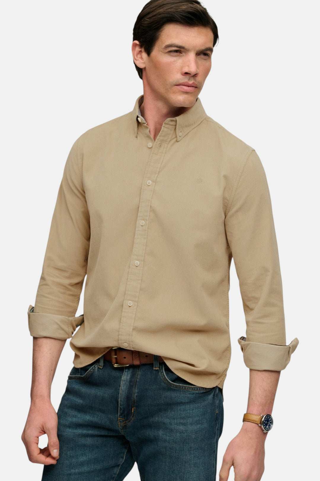 Superdry needle cord shirt, stone wash taupe brown, button-front and rolled cuffs