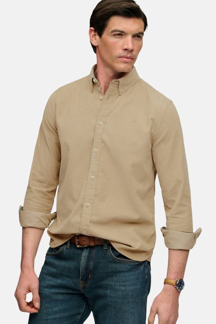 Superdry needle cord shirt, stone wash taupe brown, button-front and rolled cuffs