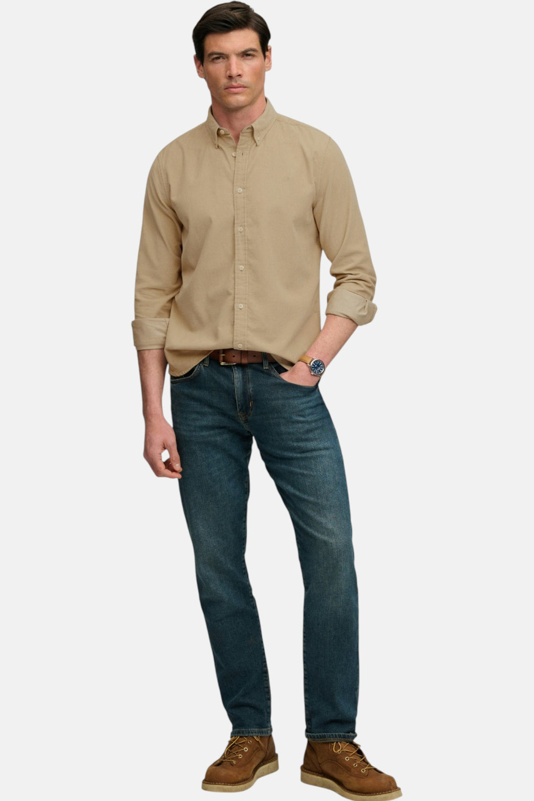 Superdry needle cord button-up shirt in stone wash taupe brown, long sleeves
