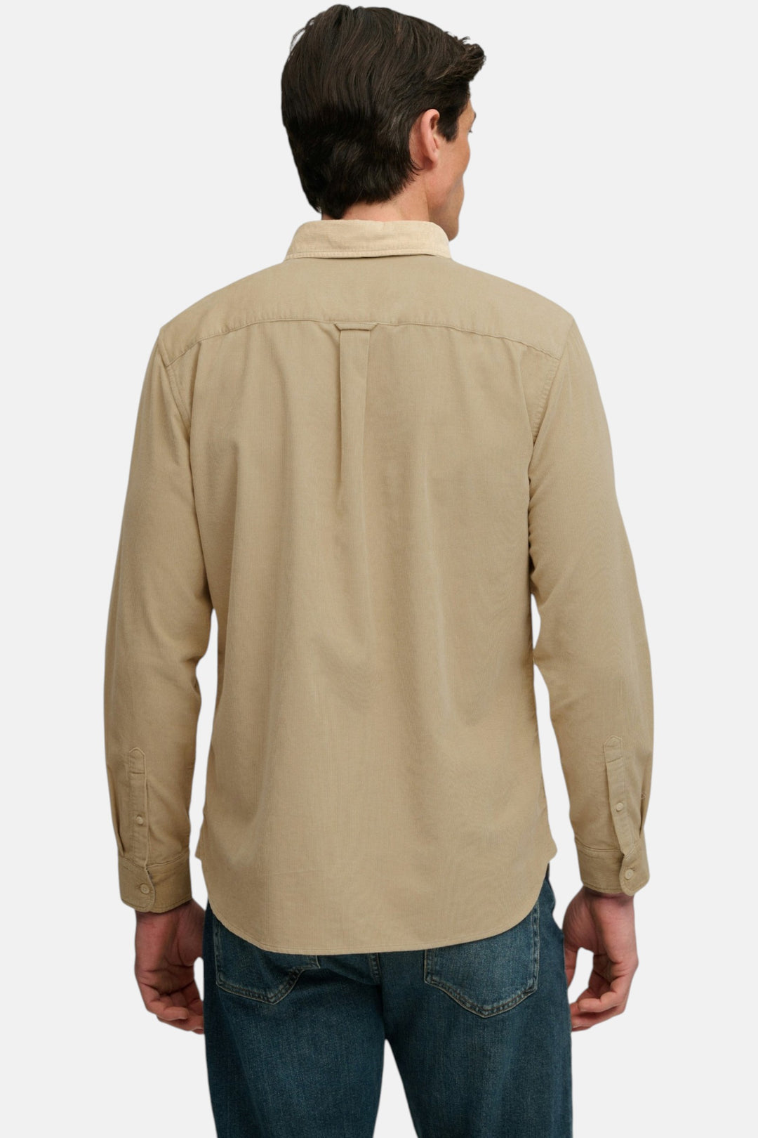 Superdry needle cord shirt back view, stone wash taupe brown, long sleeves