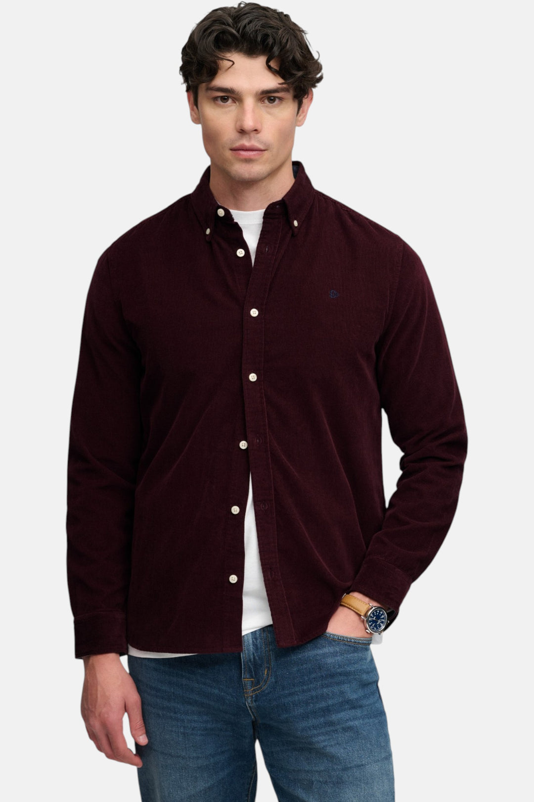 Burgundy needle cord button-up shirt with button-down front and point collar