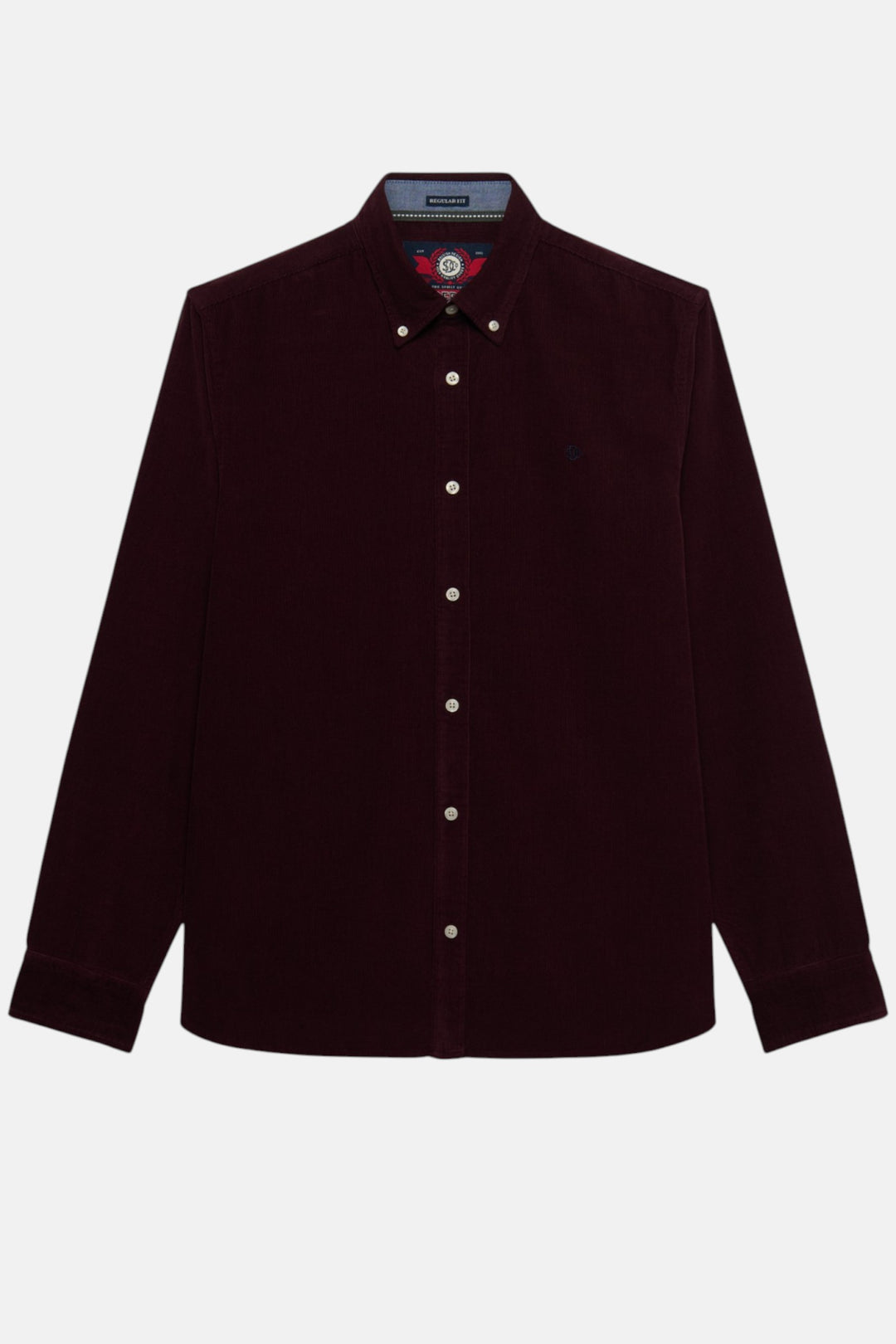 Burgundy needle cord button-up shirt, long sleeves, point collar, button front