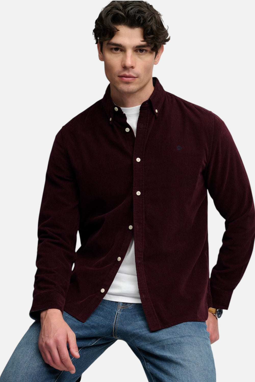 Burgundy needle cord button-up shirt with long sleeves and button-down front