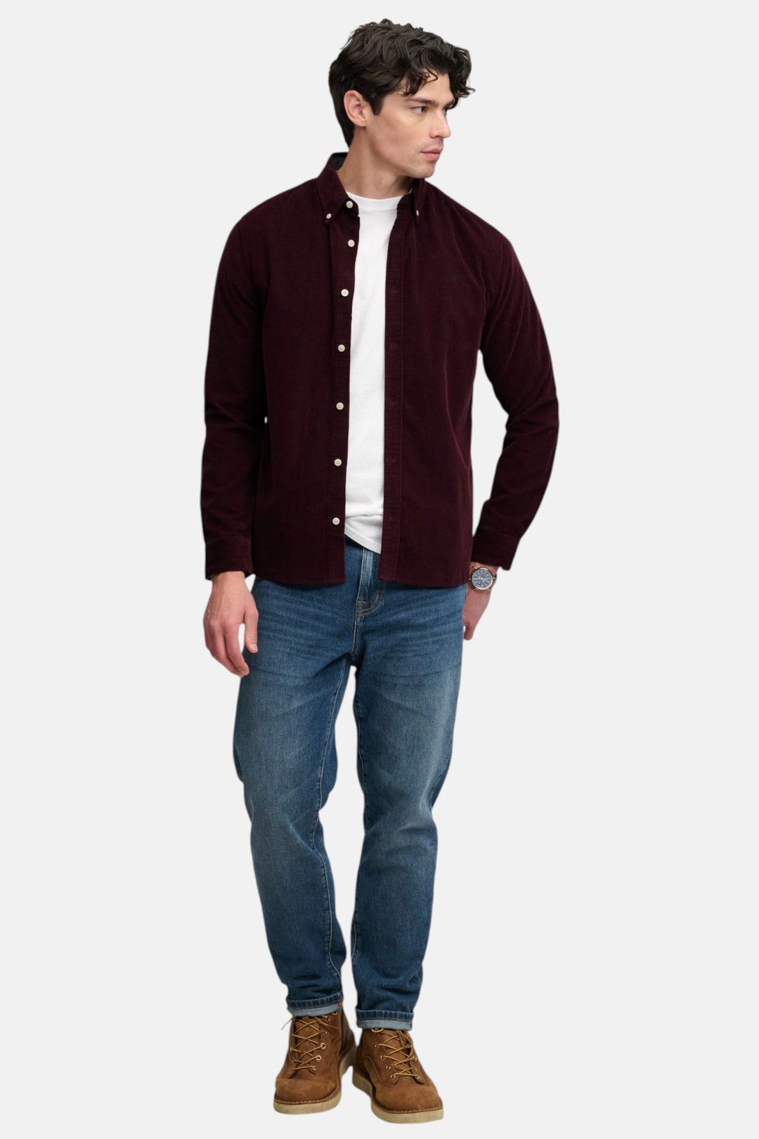 Burgundy needle cord button-up shirt shown from the side, long sleeves, button front