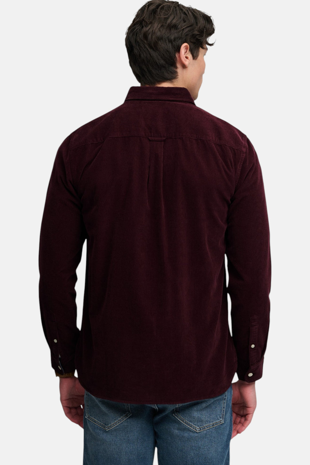 Burgundy needle cord button-up shirt with back yoke and long sleeves