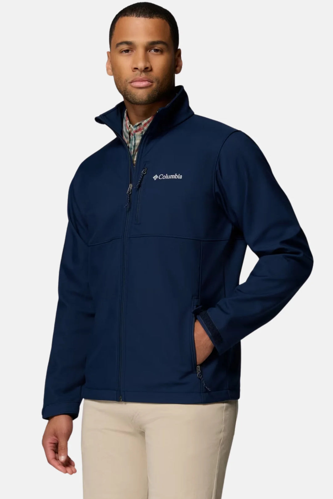 Dark navy softshell jacket with full zip and Columbia logo on chest