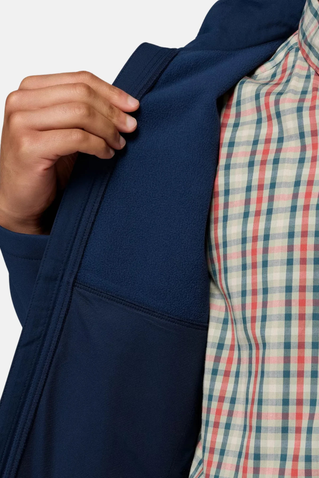 Dark navy softshell jacket sleeve opening showing textured lining