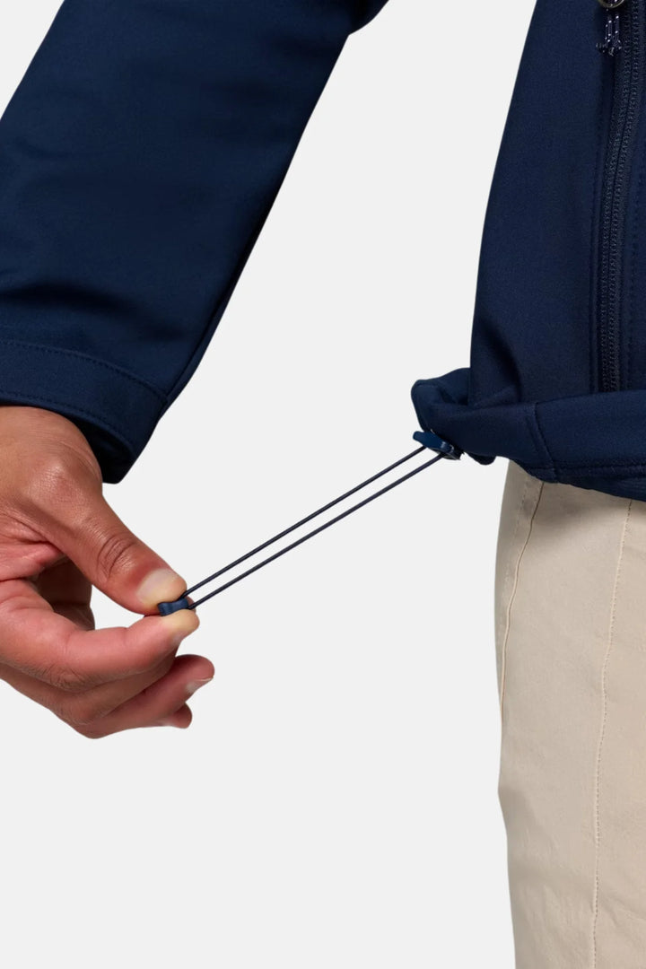 Dark navy softshell jacket with adjustable drawcord at waist hem