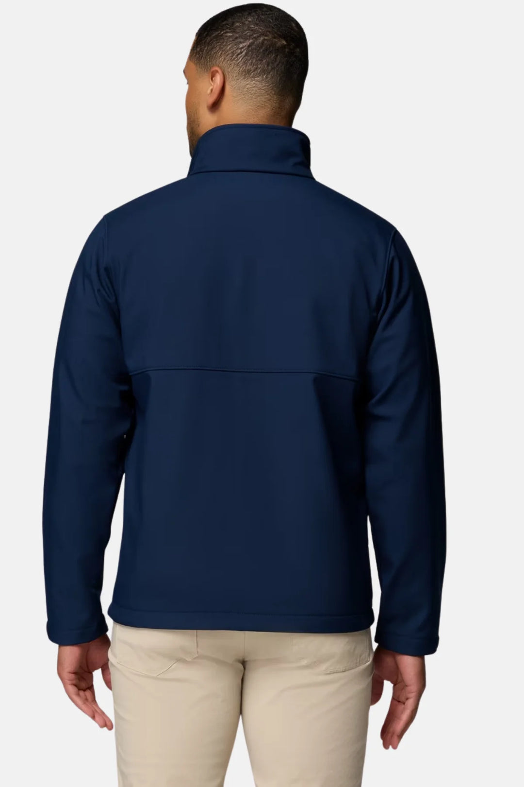 Dark navy softshell jacket back view with full-zip and stand collar