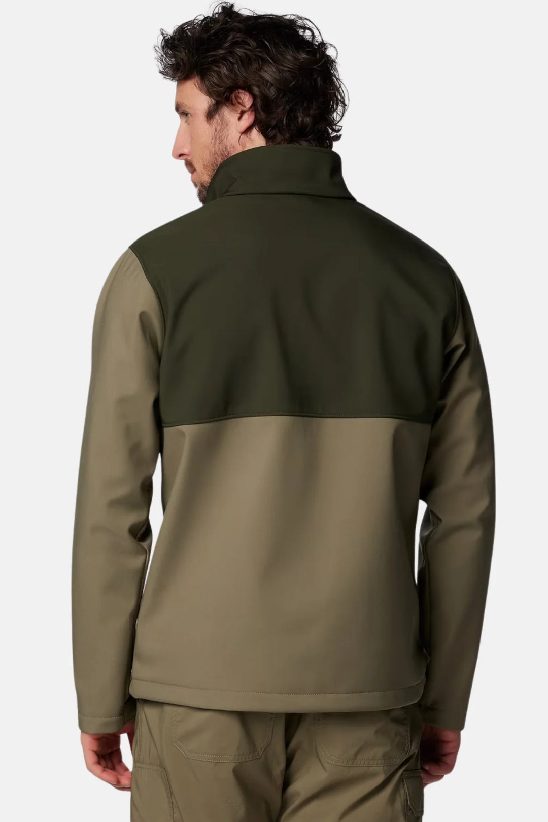 Softshell jacket back, two-tone dark green and olive, full-length center seam