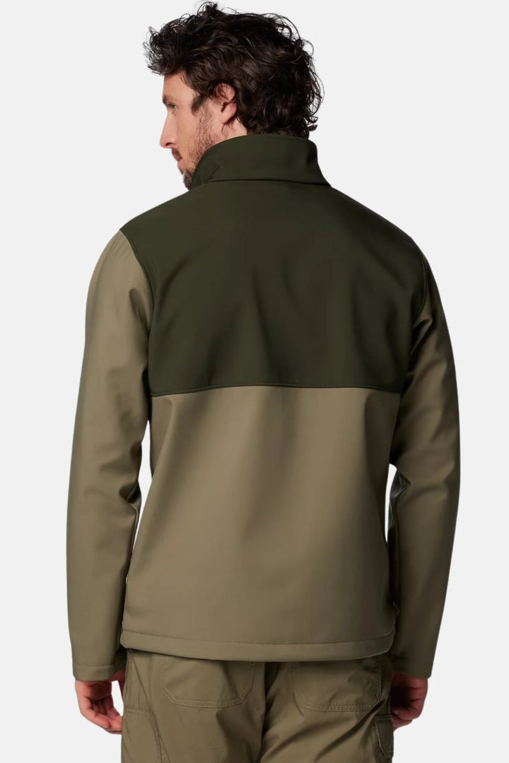 Softshell jacket back, two-tone dark green and olive, full-length center seam