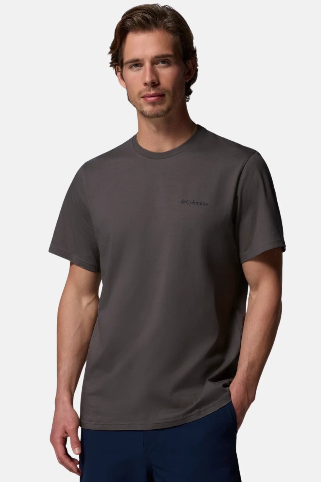 Men's charcoal heather crewneck T-shirt with short sleeves and small chest logo