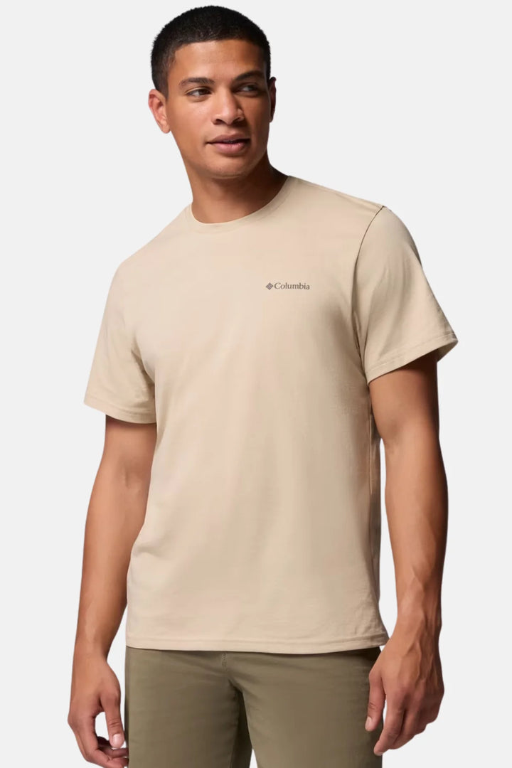 Tan crew-neck basic T-shirt with small Columbia logo on chest