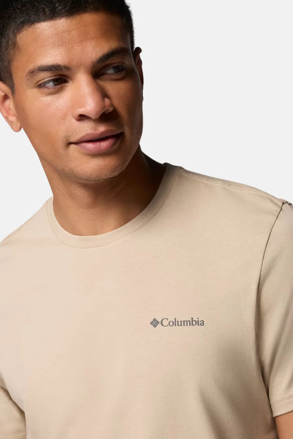 Tan crew-neck T-shirt with small Columbia logo detail on chest