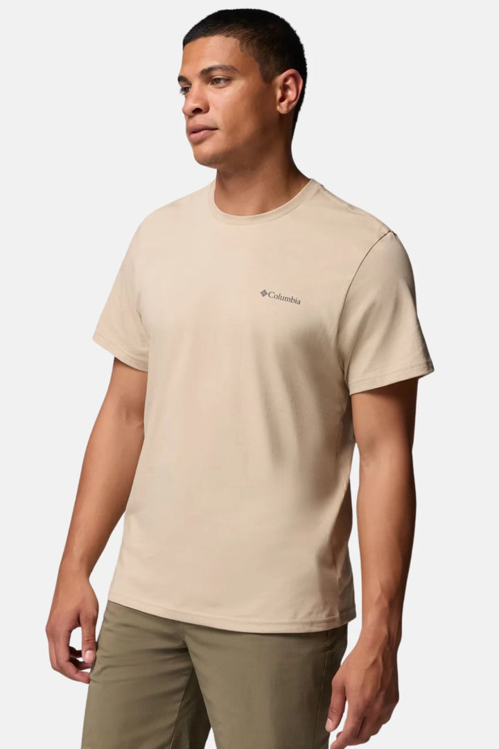 Tan crew-neck basic T-shirt with small chest Columbia logo, short sleeves