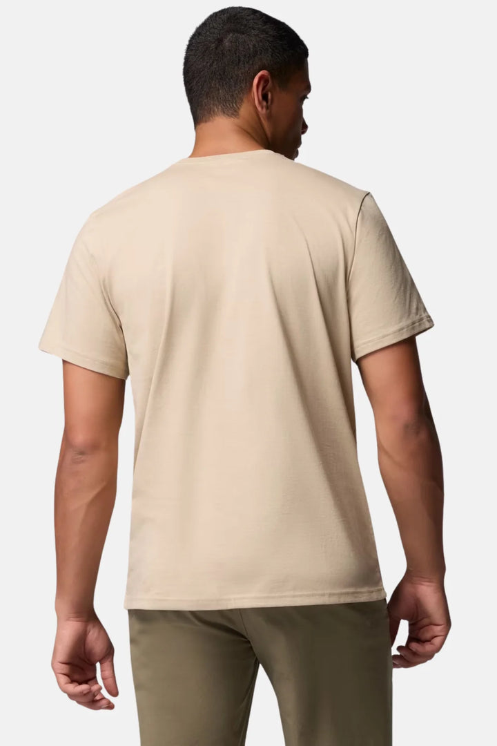 Tan crew-neck basic T-shirt, short sleeves, plain back with no visible print