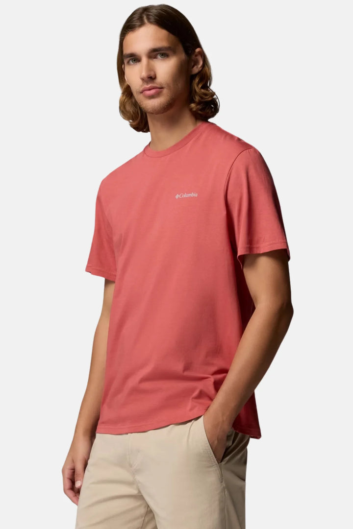Washed red crewneck T-shirt with small chest logo, side view