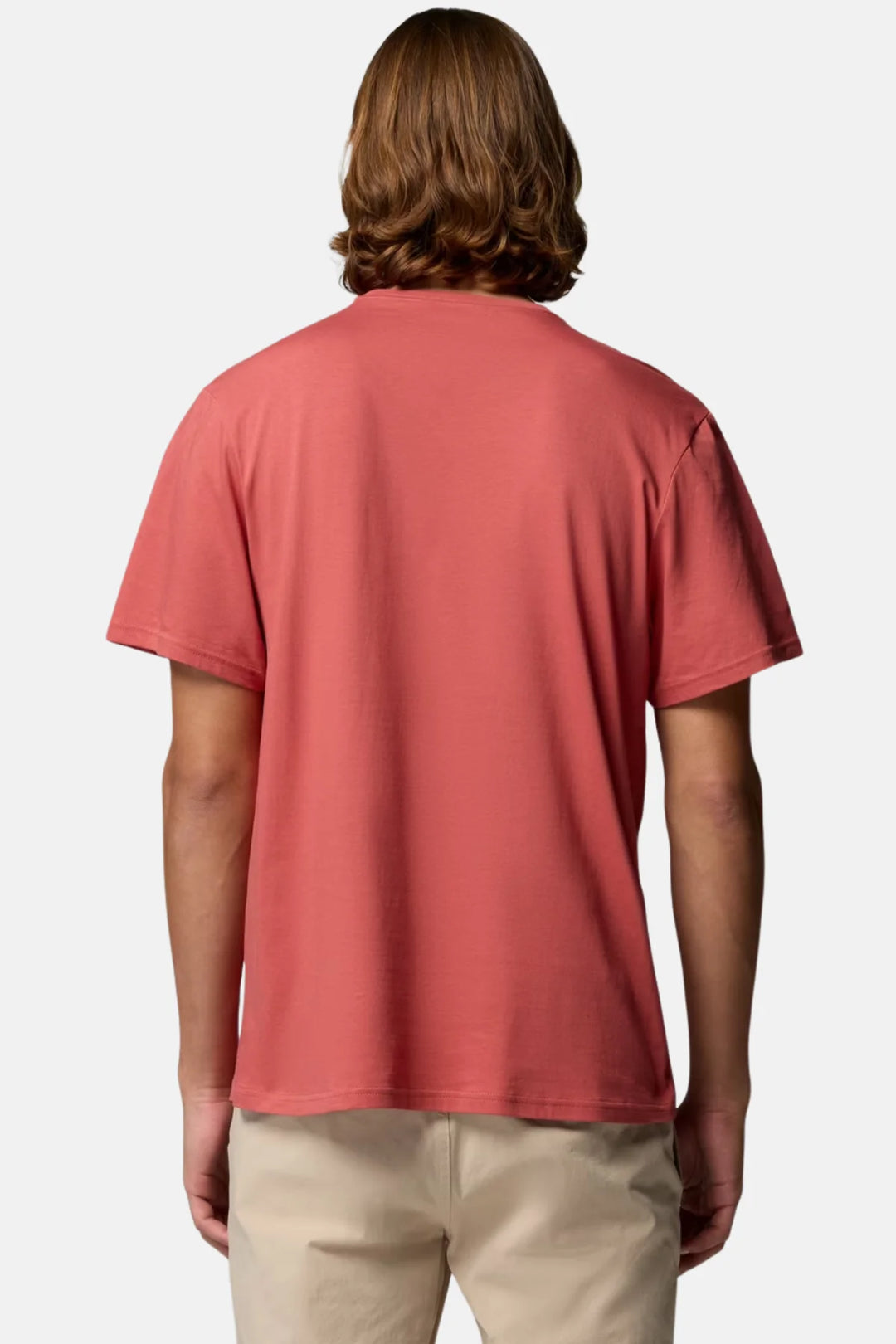 Washed red crewneck T-shirt, back view with hem detail