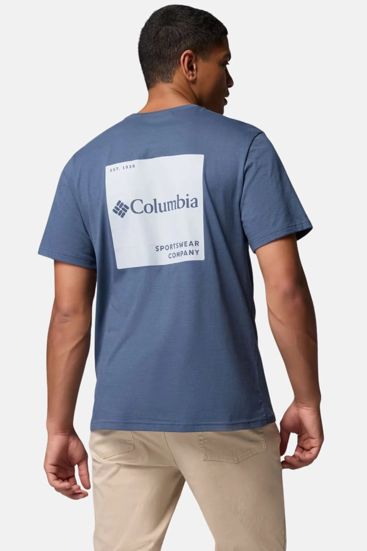 Men's blue graphic logo T-shirt, back white rectangular Columbia print