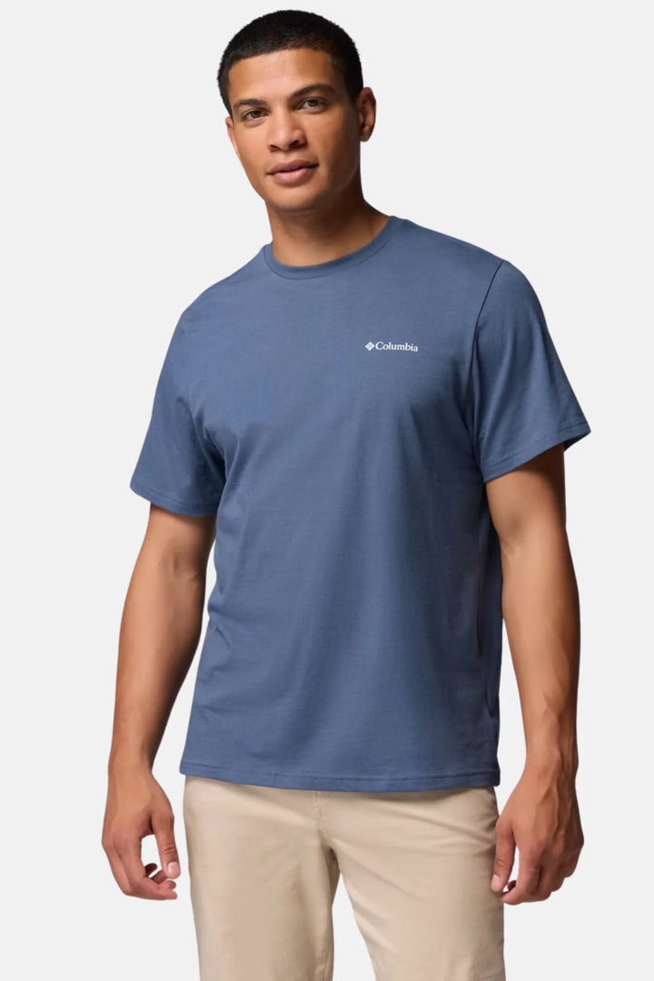 Men's blue graphic logo T-shirt, front small Columbia logo