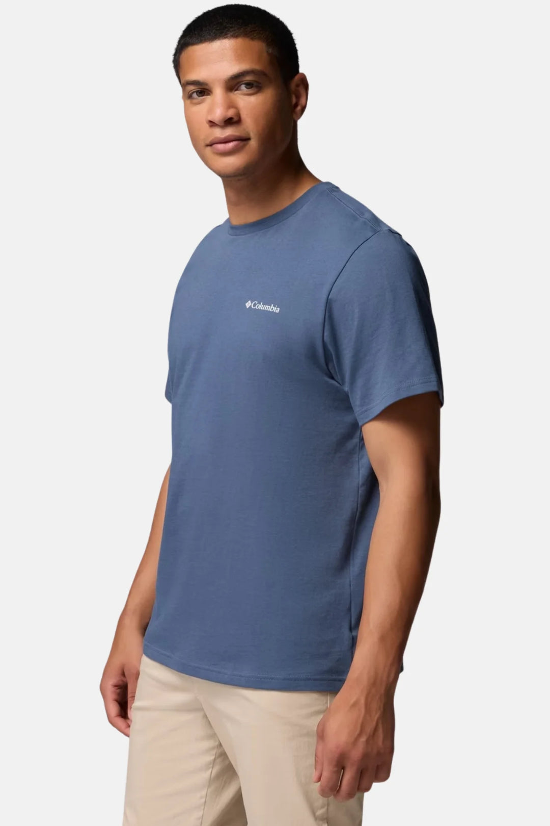 Men's blue graphic logo T-shirt, small Columbia logo on left chest