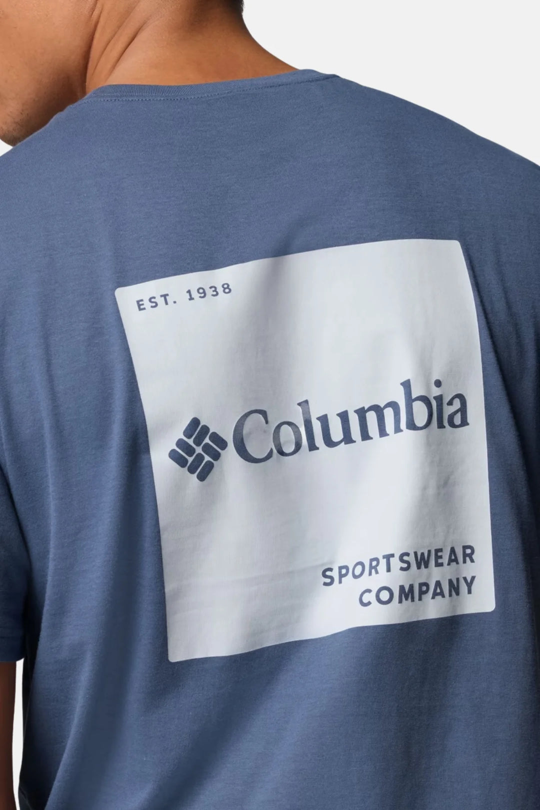 Men's blue graphic logo T-shirt, back white Columbia sportswear panel with EST 1938