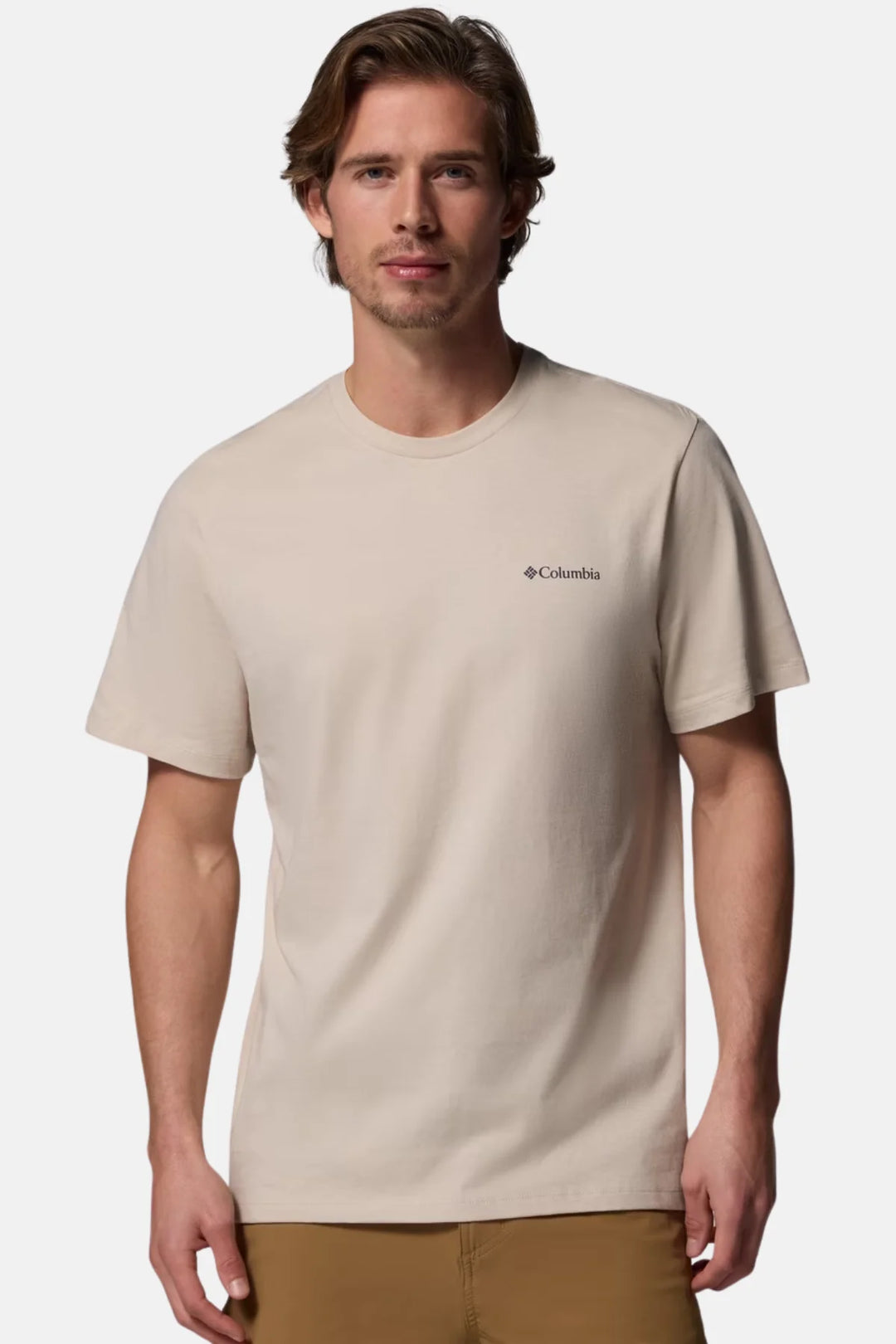 Men's graphic logo T-shirt, light stone, front small Columbia chest logo