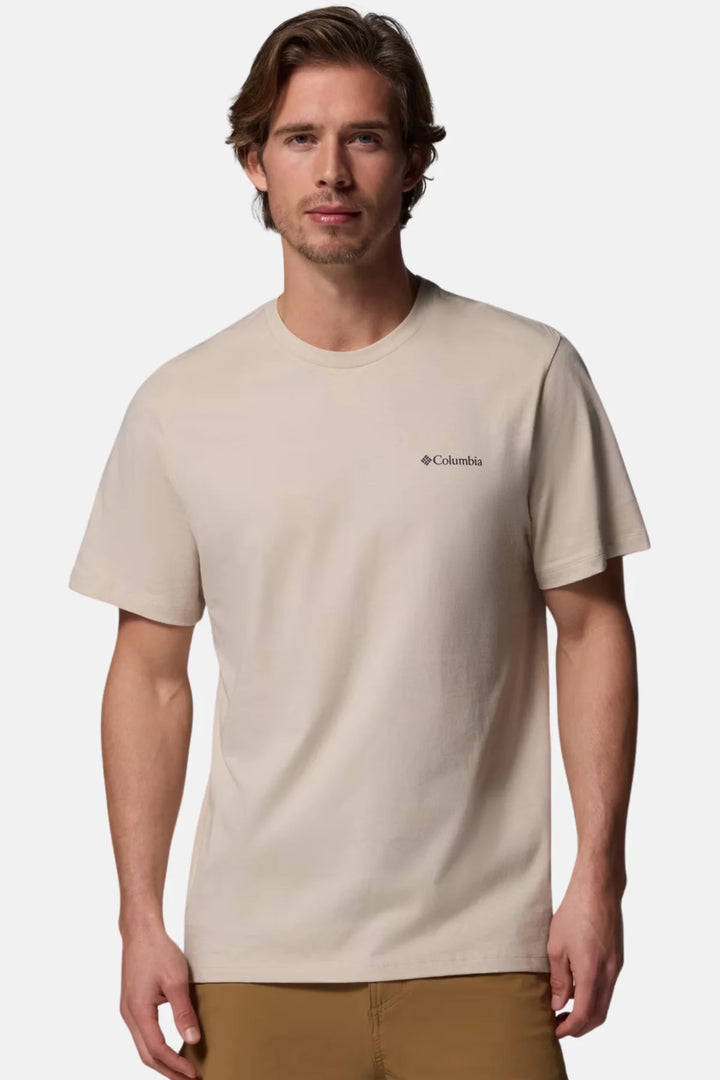 Men's graphic logo T-shirt, light stone, front small Columbia chest logo