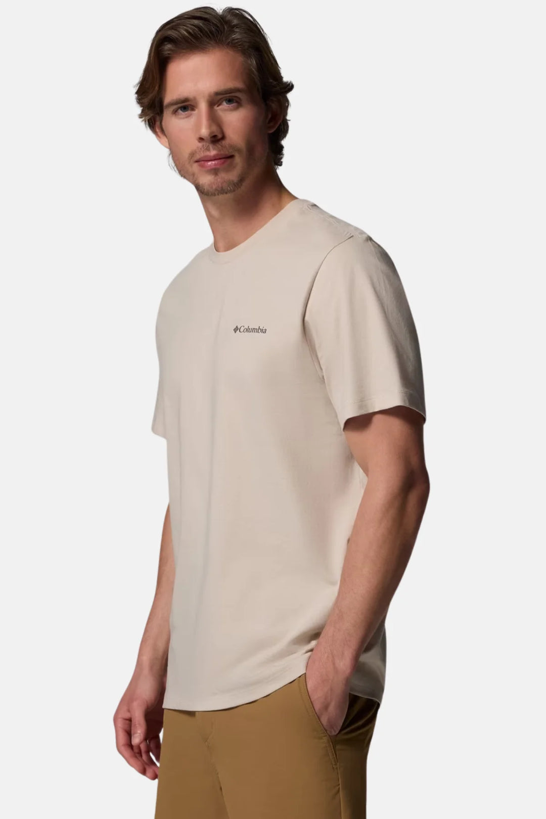 Men's graphic logo T-shirt, light stone, side view with small Columbia logo