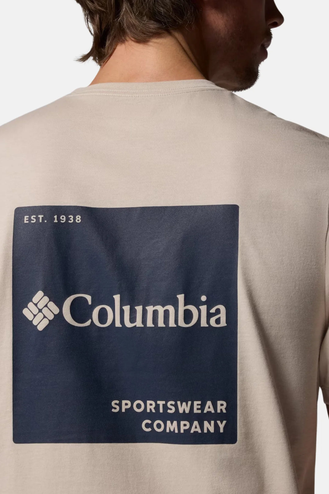 Men's graphic logo T-shirt, light stone, Columbia back graphic with Est. 1938