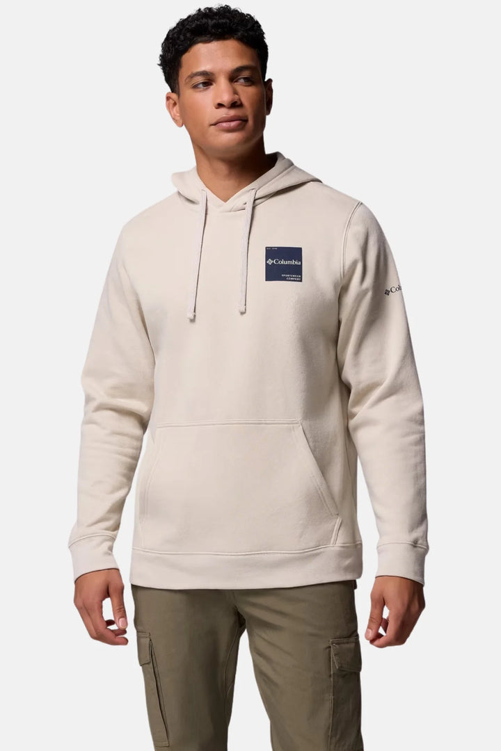 Men's boxy pullover hoodie, light stone, with hood, drawstring, and front pocket.