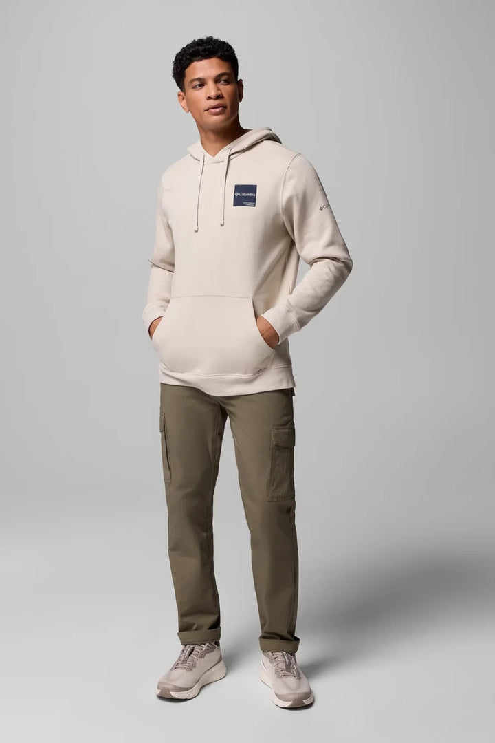 Men's boxy hoodie in light stone with hood and kangaroo pocket, full-body view.