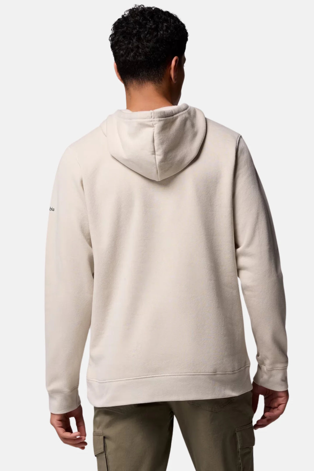 Men's light stone pullover hoodie from back view, with hood and pouch pocket.