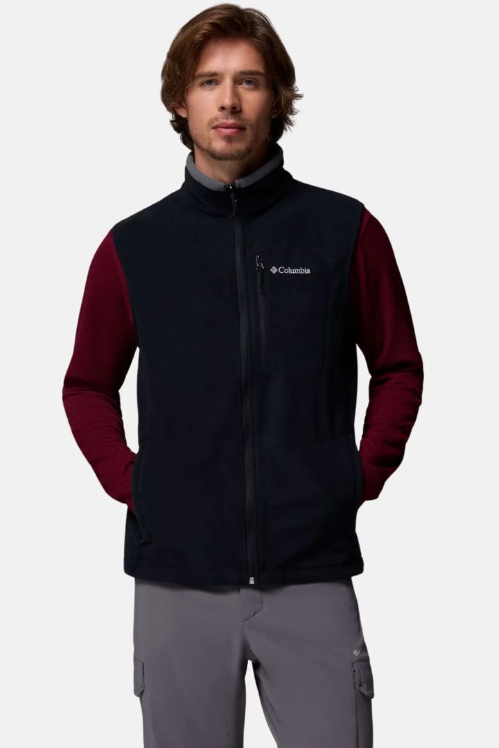 Black fleece vest with full-length zipper, stand collar, and zip chest pocket