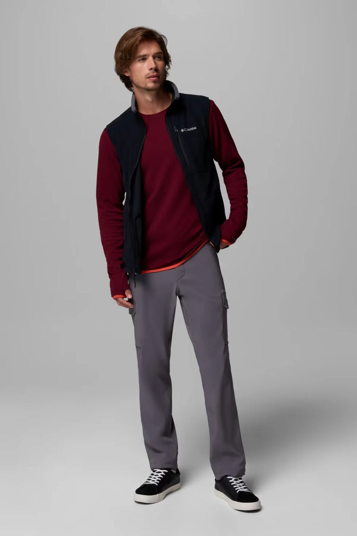 Dark fleece vest with front zipper, stand collar, and side hand pockets