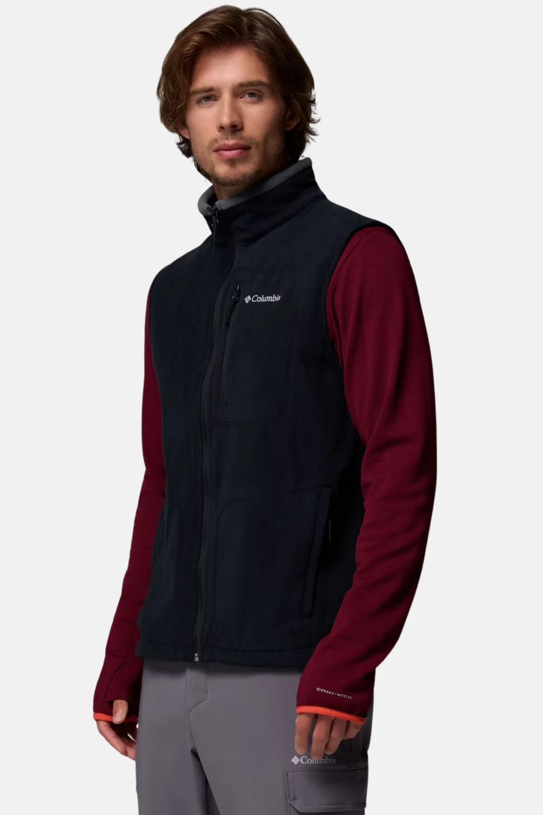 Dark fleece vest with stand collar zipper and chest logo
