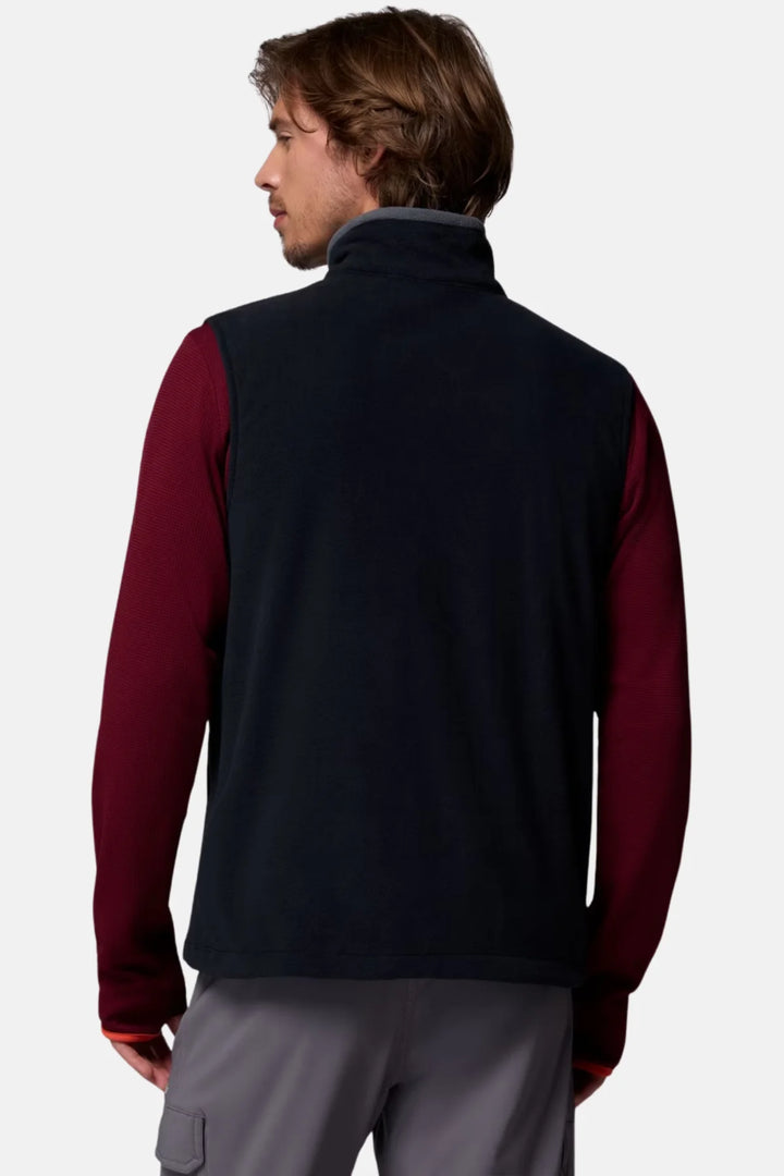 Dark fleece vest with stand collar and full back coverage