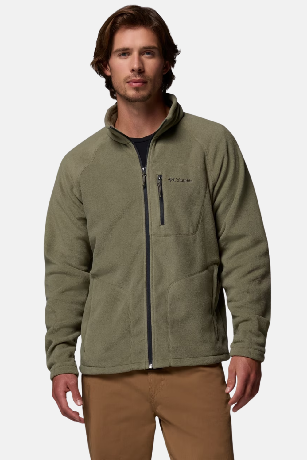 Stone green fleece full-zip jacket with stand collar and front zip pocket