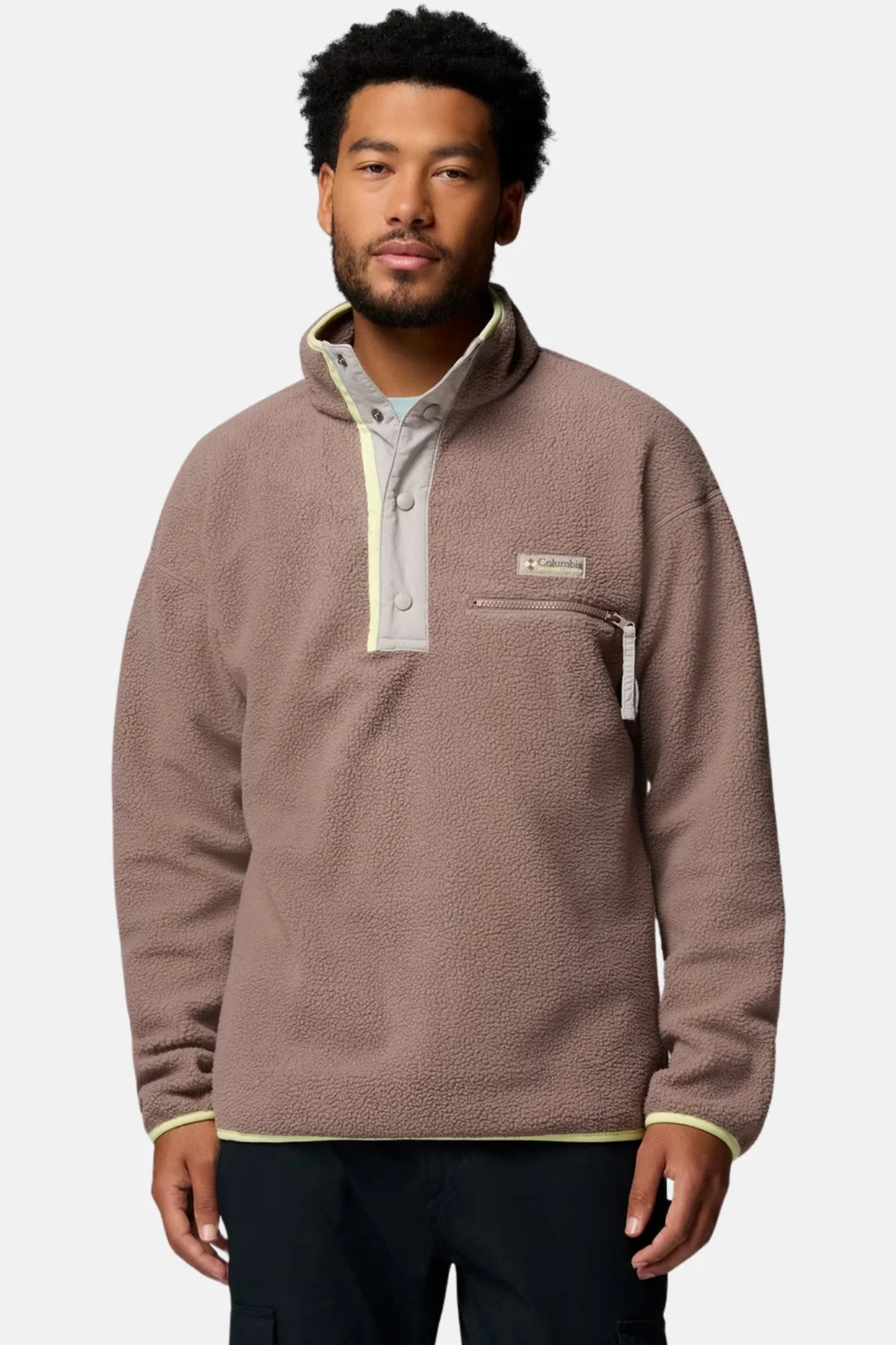 Half-snap fleece pullover with kangaroo pocket, taupe-brown, ribbed cuffs