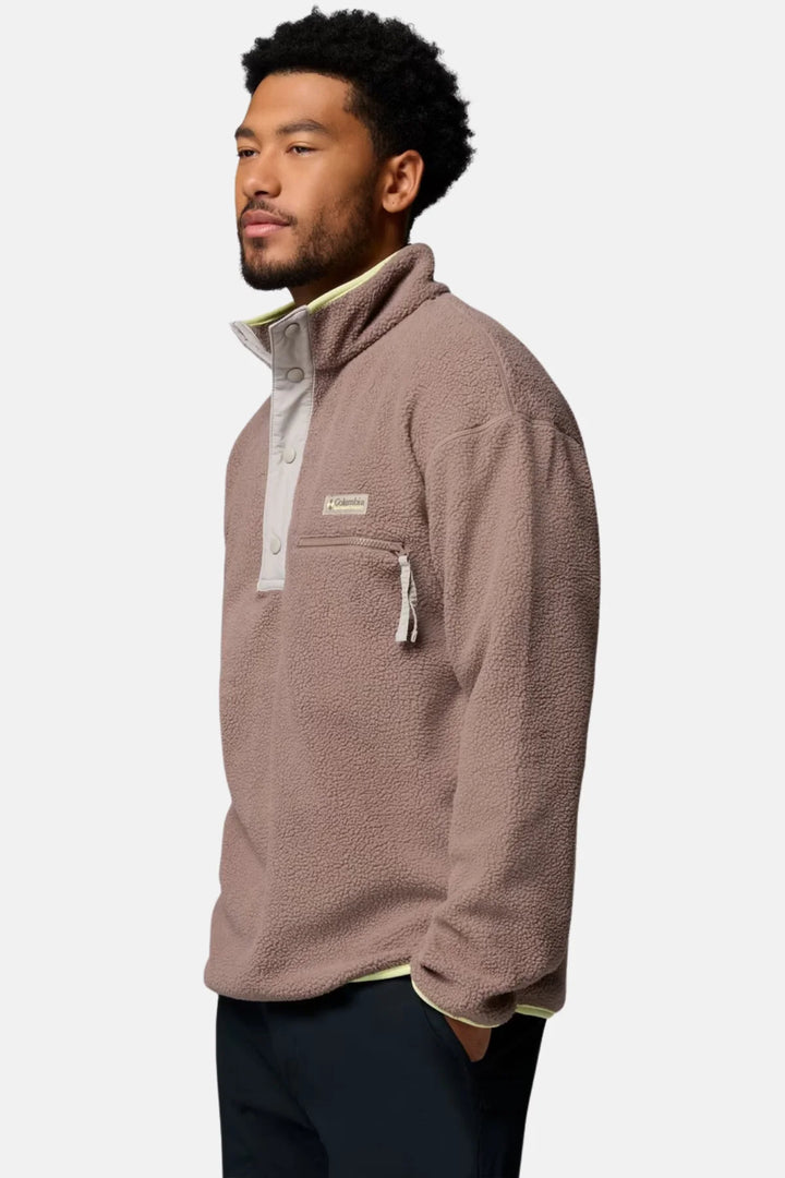 Half-snap fleece pullover, taupe-brown, side view with ribbed hem and cuffs