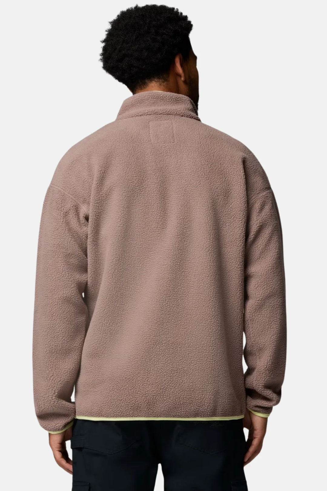 Half-snap fleece pullover, taupe-brown, back view with ribbed hem and cuffs