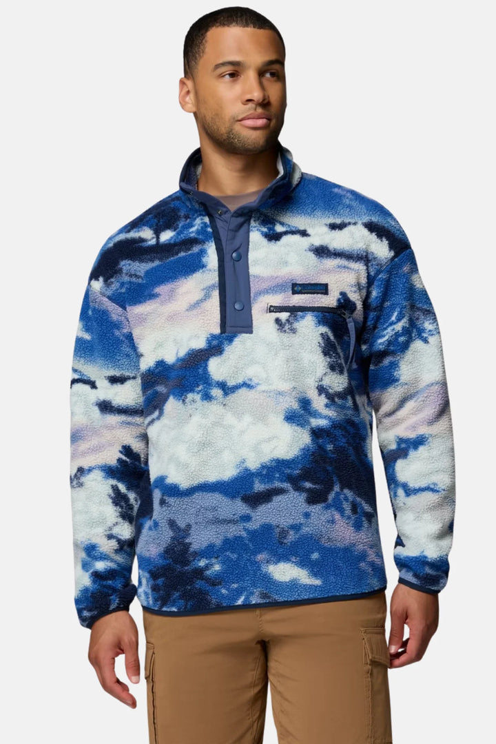 Printed half-snap fleece pullover, blue and white cloud pattern, long sleeves, snap placket