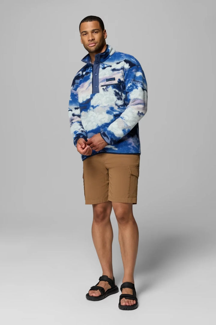 Printed half-snap fleece pullover with long sleeves, blue and white cloud pattern
