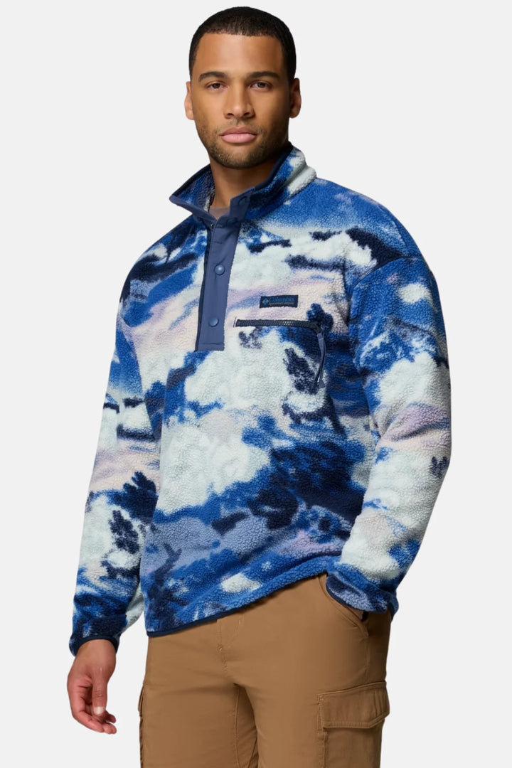 Printed half-snap fleece pullover, blue and white cloud pattern, mock-neck collar with snap placket