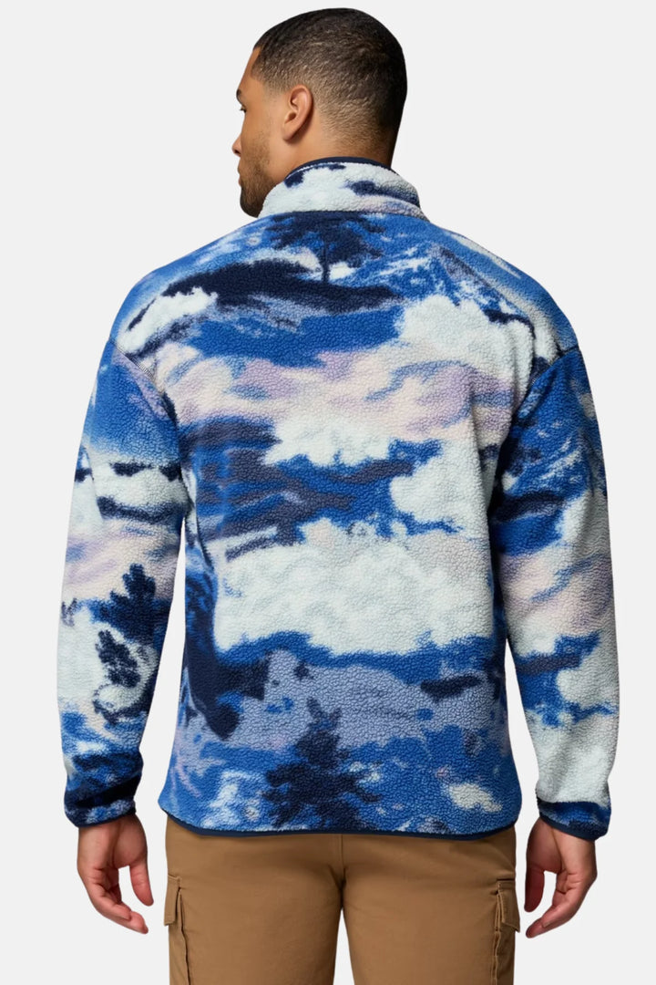 Printed half-snap fleece pullover, blue and white cloud pattern, back view