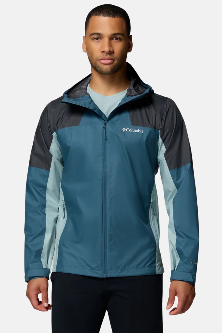 Men's waterproof jacket with zip front, teal blue body and dark hood