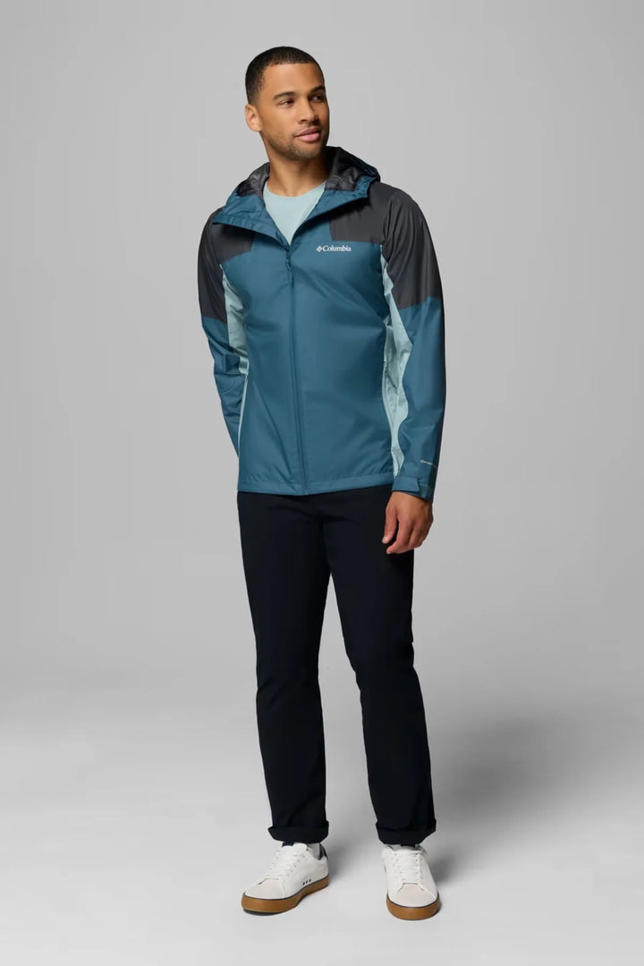 Men's waterproof jacket with hood, teal blue front and dark sleeves